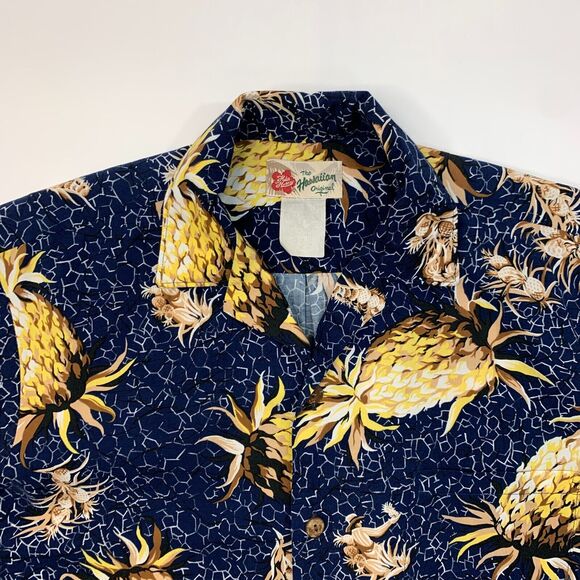 Vintage Hilo Hattie Hawaiian Shirt Mens M Navy Golden Pineapple Short Sleeve - Picture 3 of 10